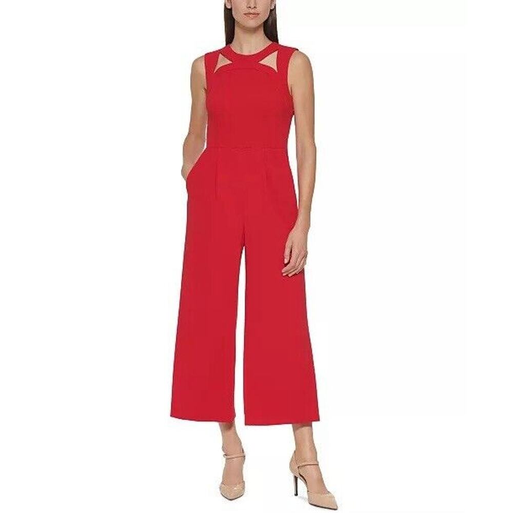Calvin Klein 12 Jumpsuit Sleeveless Cut Out Stretch Straight Leg Pockets Holiday